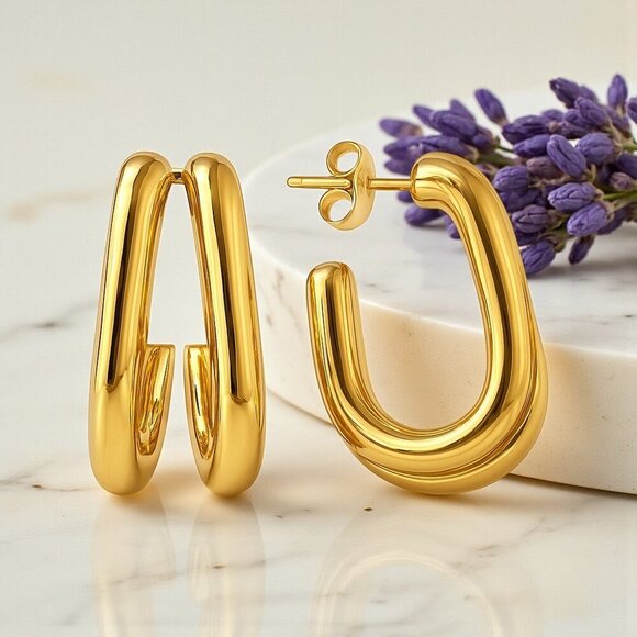 🆕️Minimalist Double C-Hoop Earrings - 18K Gold Plated Stainless Steel Earrings✨ - Picture 12 of 14